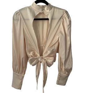 MABLE Like New Open Back Crop Top Tie-Front Long Sleeve Cream Color Size S